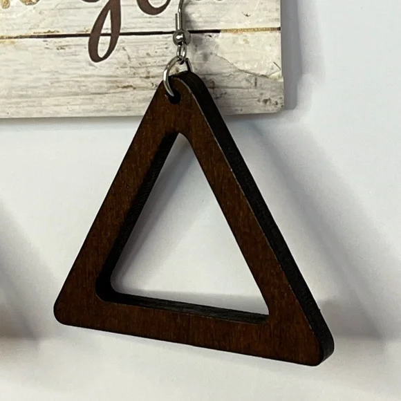 Brown Triangle Wooden Earrings - Picture 4 of 5